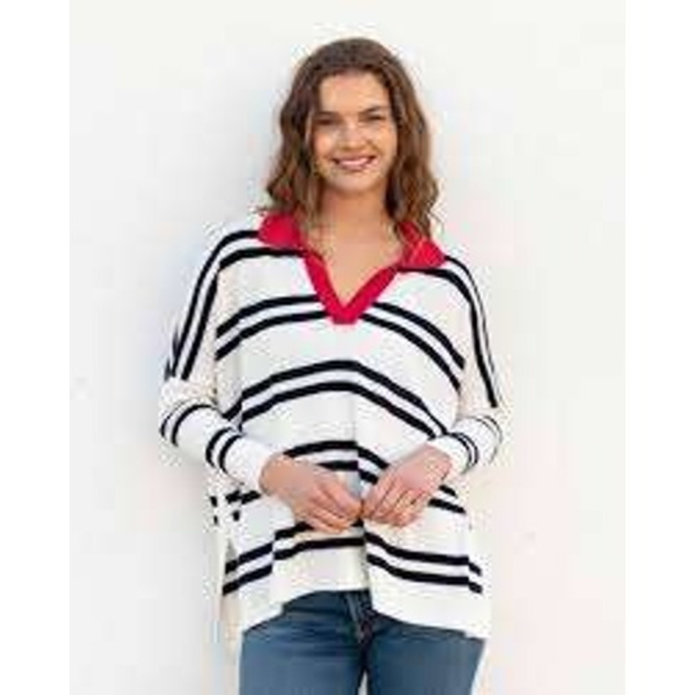 Mersea Top Size OS White Black Horizontal Striped Collared Split Pointelle Knit